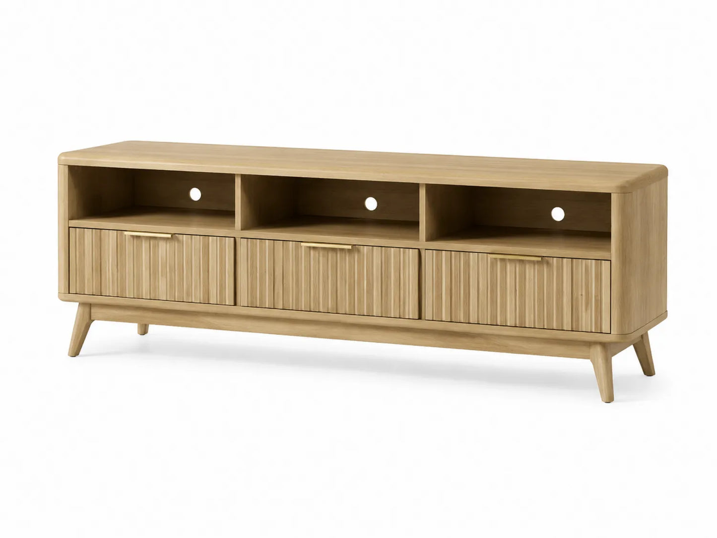 Meuble TV en bois avec tiroirs et étagères ouvertes