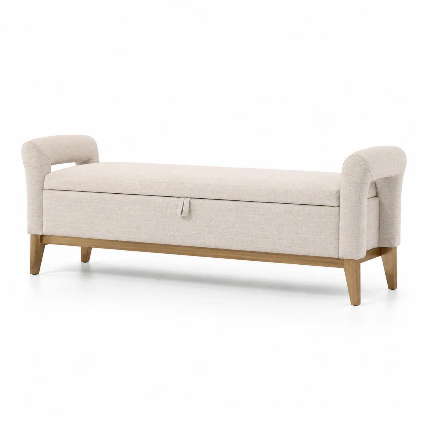 Banc en bois et tissu beige avec rangement