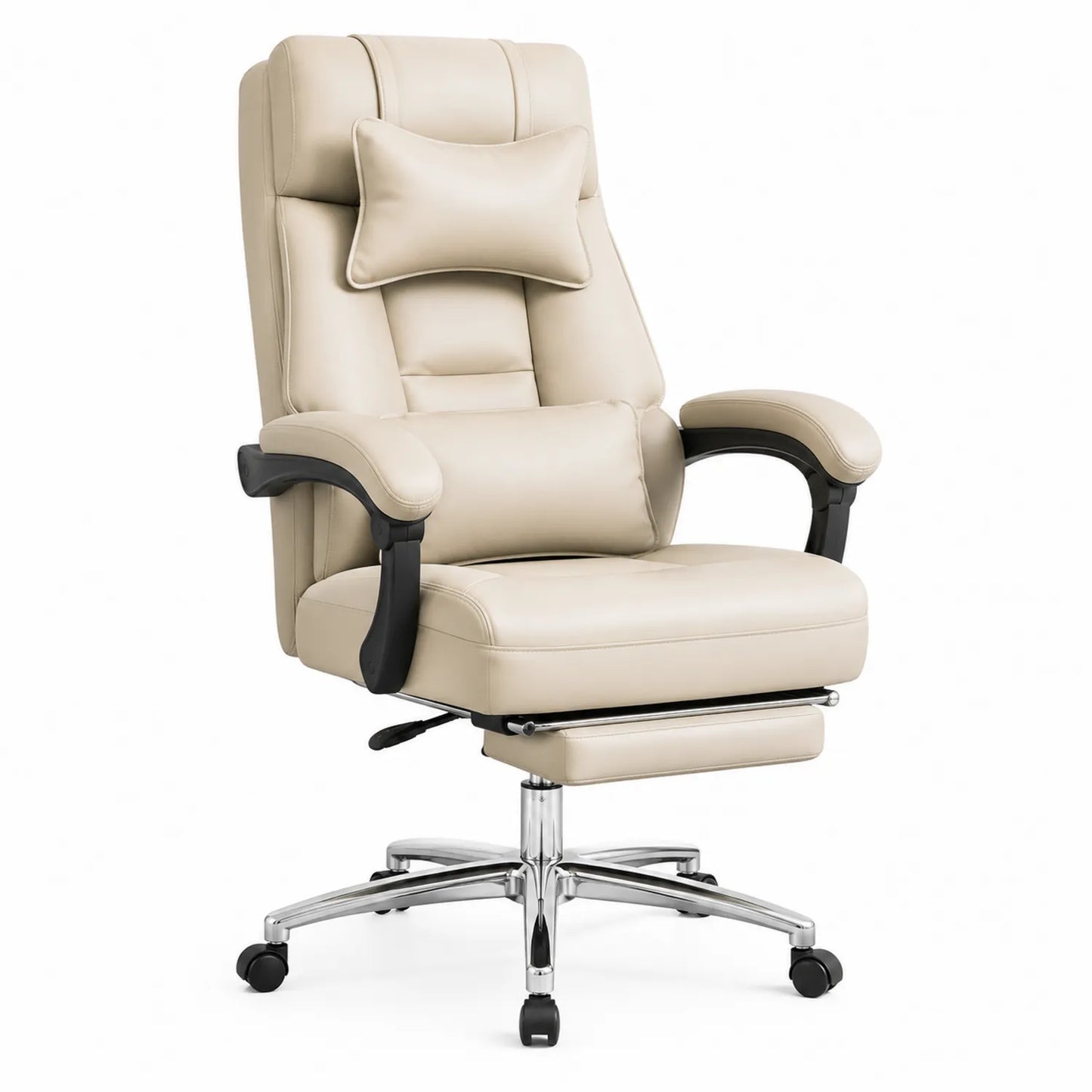 Chaise de bureau en cuir beige avec repose-pieds