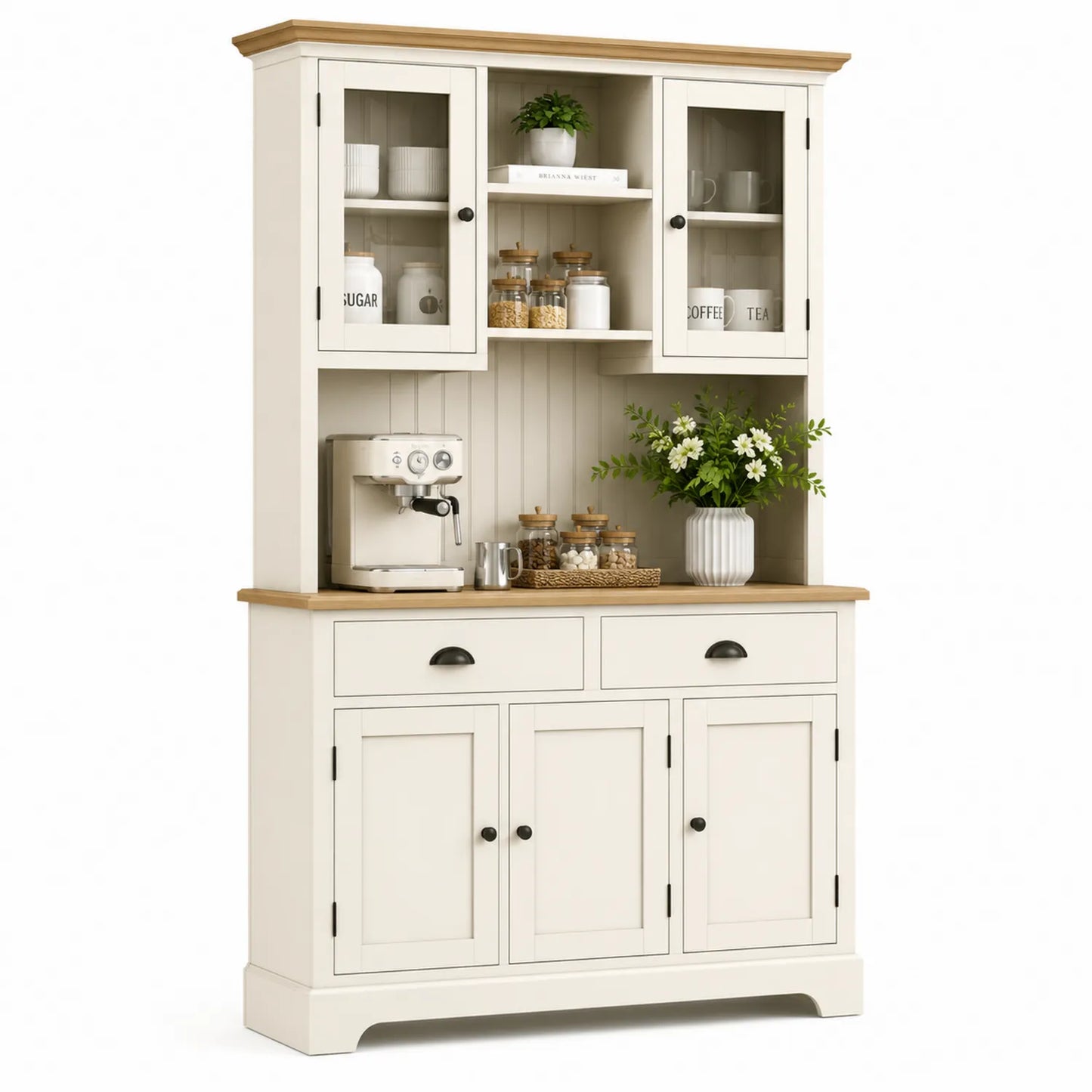Buffet de Cuisine en Bois avec Portes Vitrées et Tiroirs