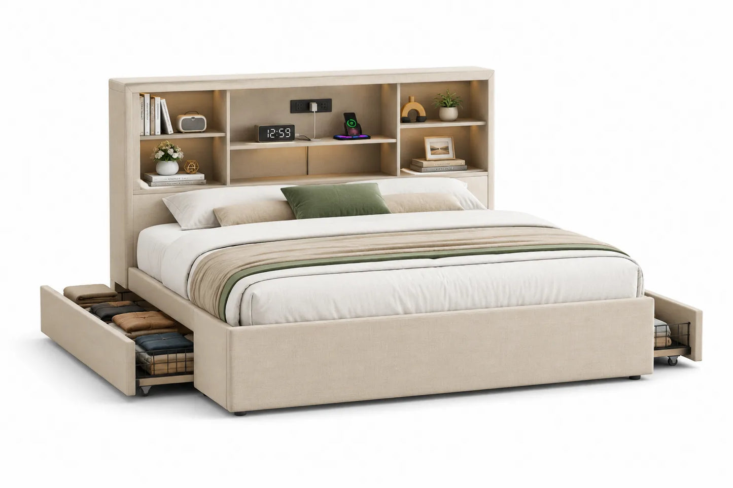 Lit en bois et tissu beige avec rangements et étagères intégrées 180x200 cm