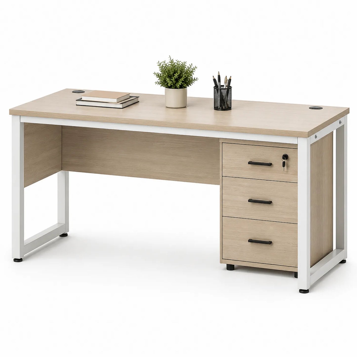 Bureau en bois clair avec cadre métallique blanc et 3 tiroirs