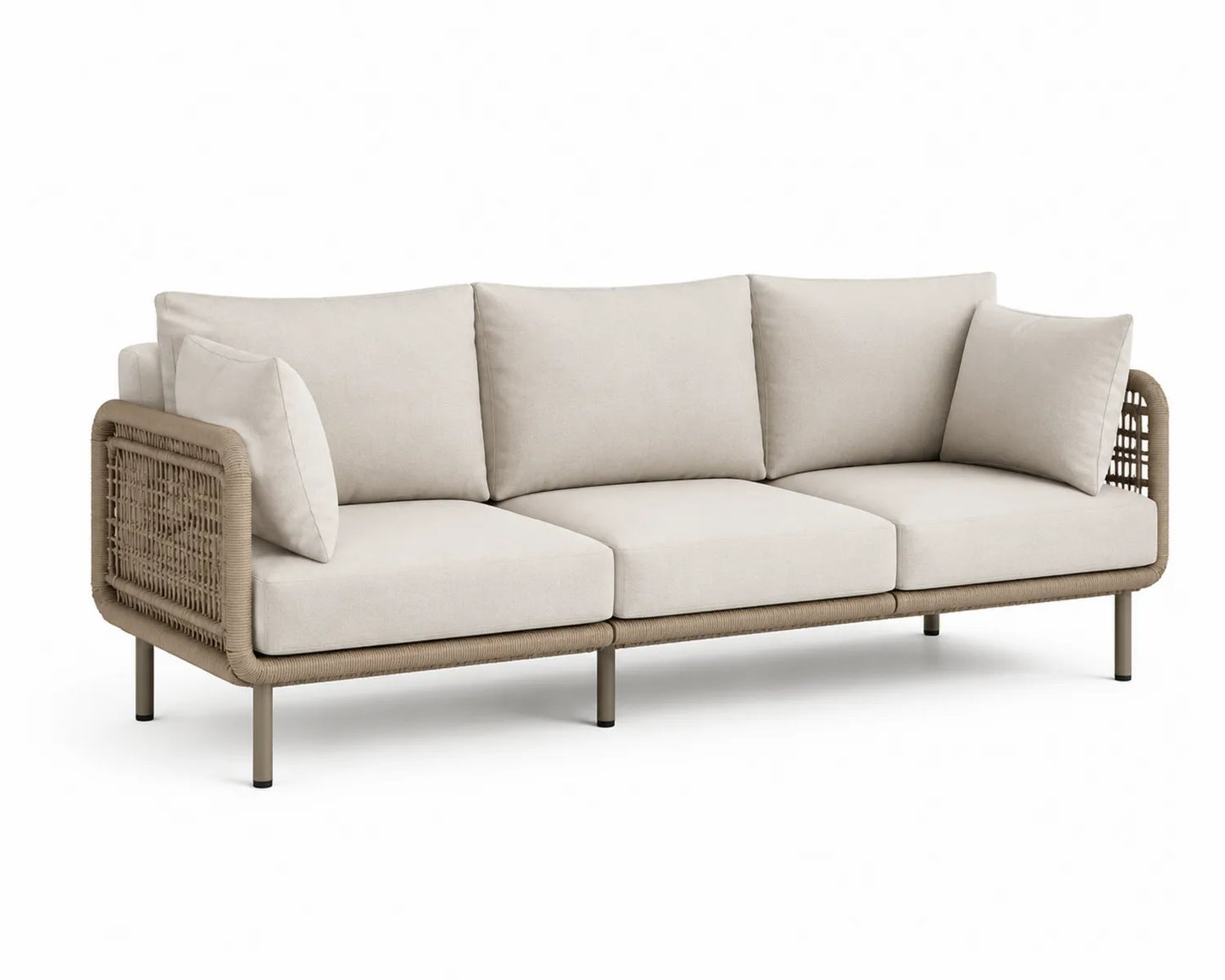 Canapé d'extérieur 3 places aluminium et corde coussins beige