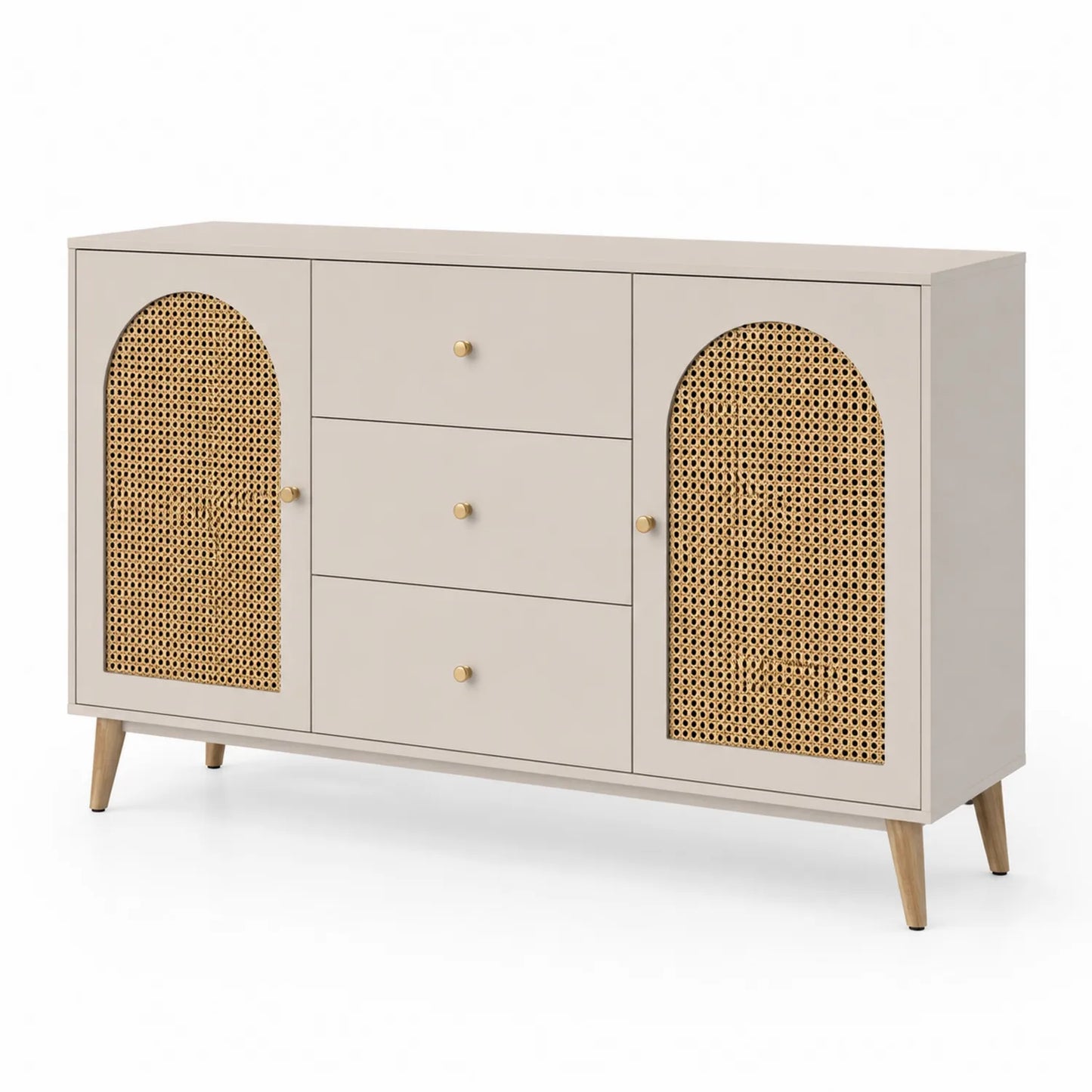 Buffet en Bois Beige avec Portes en Rotin et Tiroirs