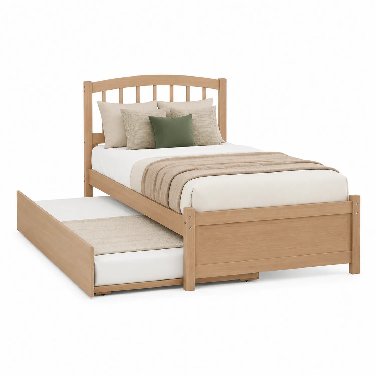 Lit simple en bois clair avec matelas et oreillers