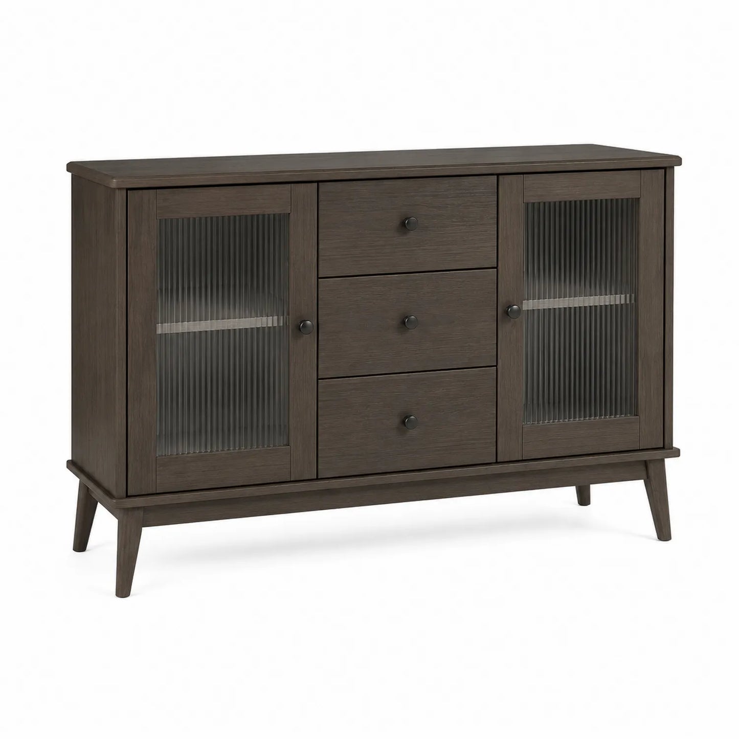 Buffet en bois brun avec portes en verre cannelé et tiroirs