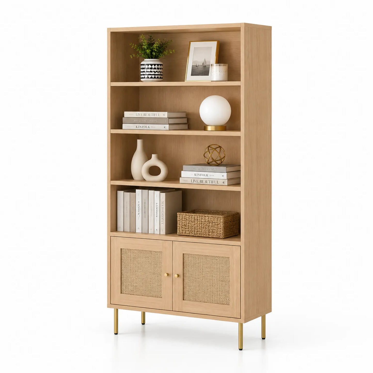 Bibliothèque en bois chêne avec portes en rotin