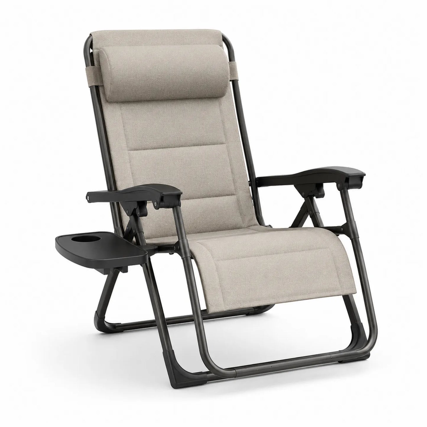 Chaise longue pliante d'extérieur en métal et tissu beige avec accoudoirs