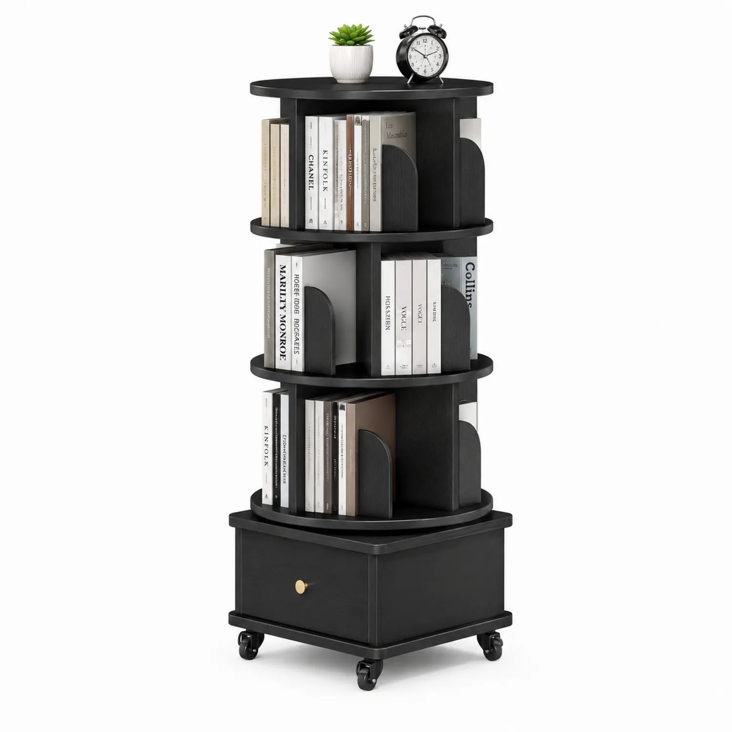 Étagère rotative noire en bois avec tiroir et roulettes
