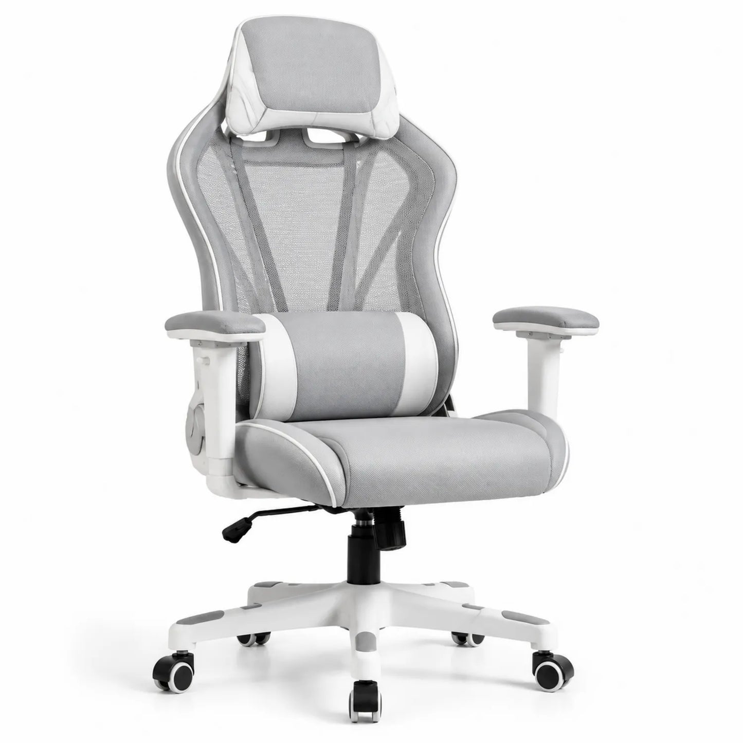 Chaise de bureau en maille grise et blanche avec accoudoirs réglables