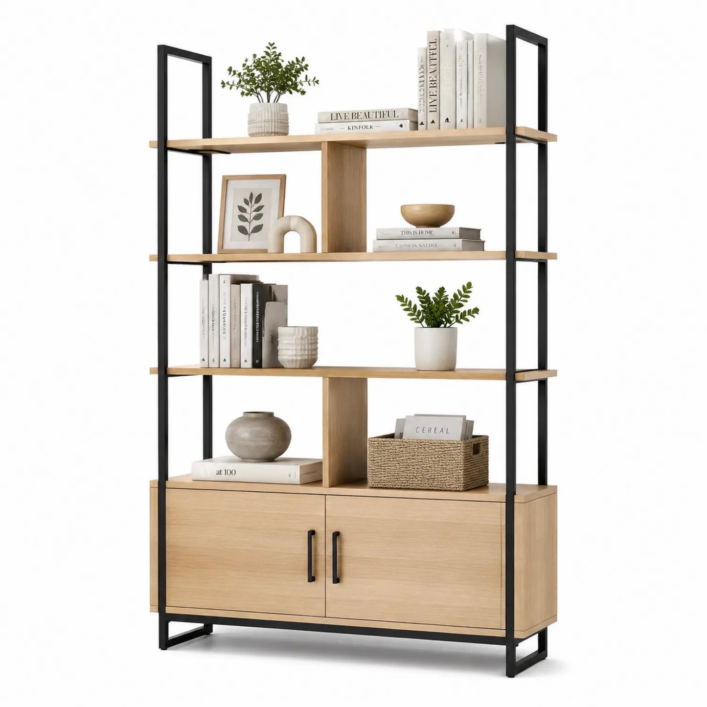 Étagère en bois et métal noir avec rangements ouverts