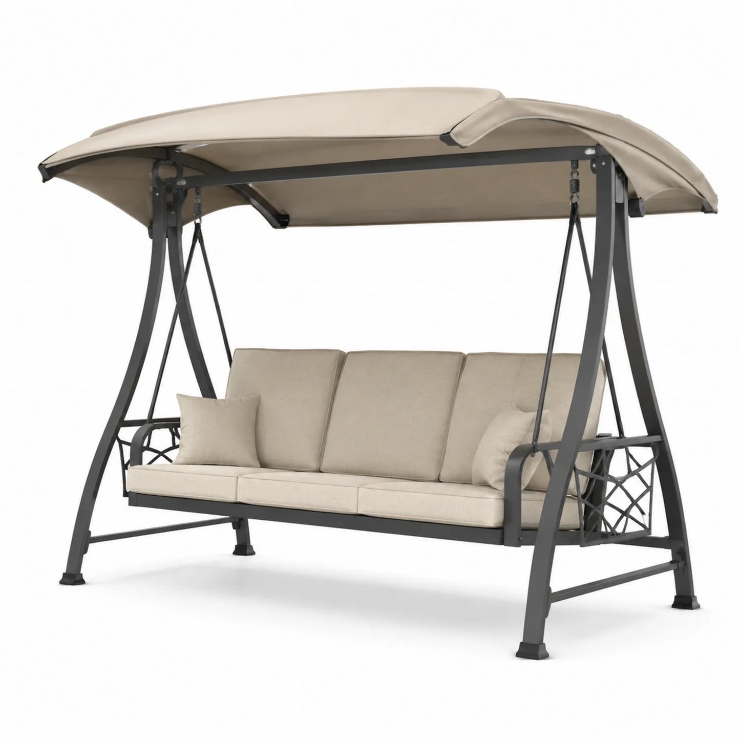Balancelle de Jardin 3 Places en Métal avec Coussins en Tissu Beige
