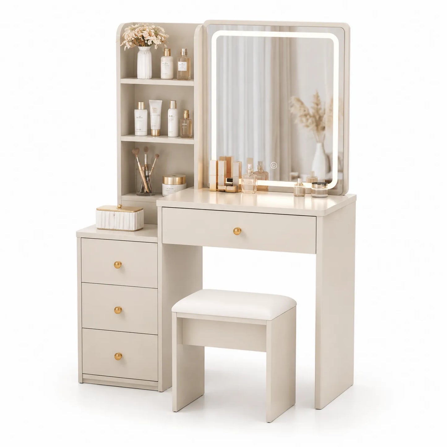 Coiffeuse en bois avec miroir LED et tabouret Beige