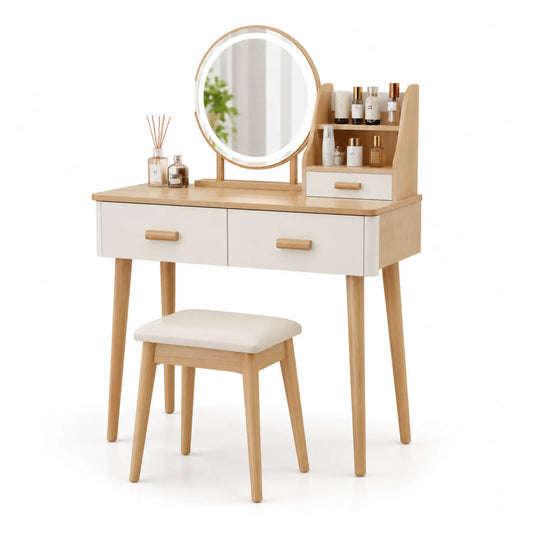 Coiffeuse en bois avec miroir rond et tabouret rembourré