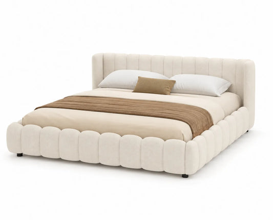 Lit en tissu beige avec tête de lit et cadre arrondi 200x180 cm