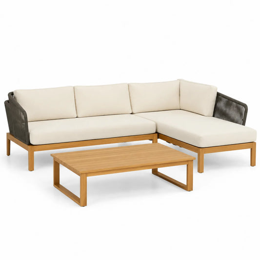 Canapé d'angle en bois et corde avec table basse - Crème et Noir