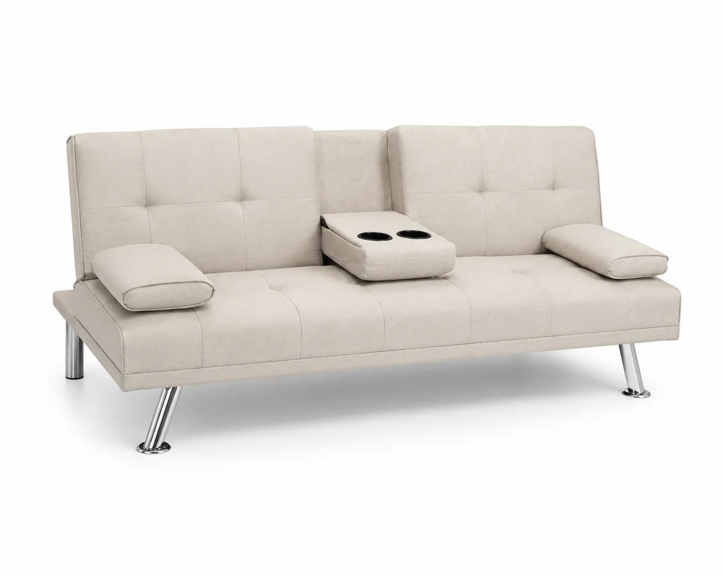 Canapé convertible en tissu polyester beige avec porte-gobelets
