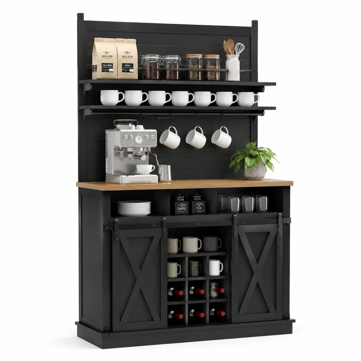 Buffet de cuisine en bois noir avec comptoir en chêne