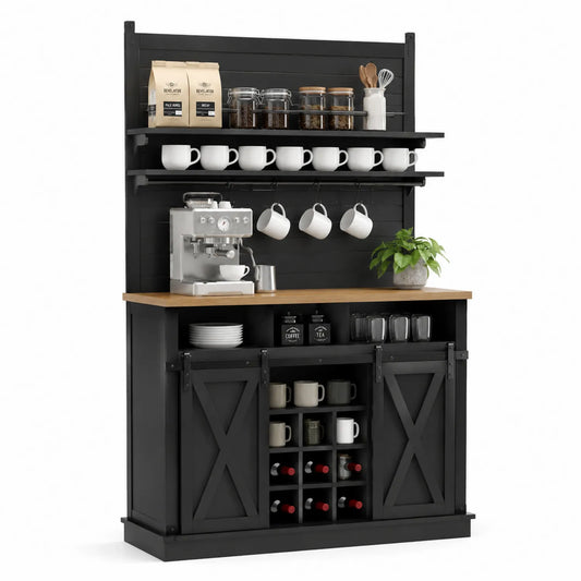 Buffet de cuisine en bois noir avec comptoir en chêne
