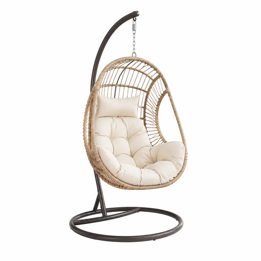 Chaise suspendue en métal et rotin avec coussin en polyester beige