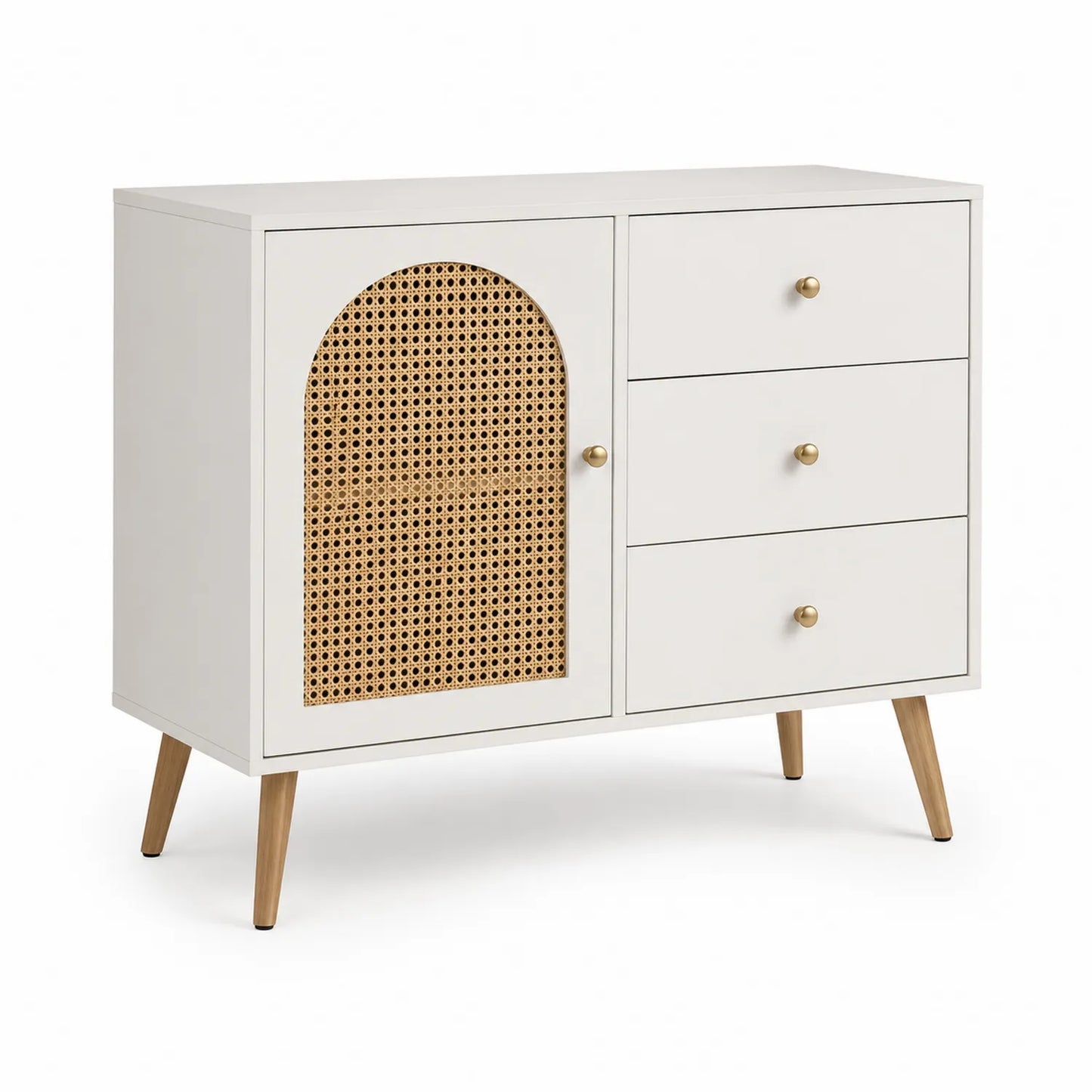 Buffet en bois avec porte en rotin et 3 tiroirs