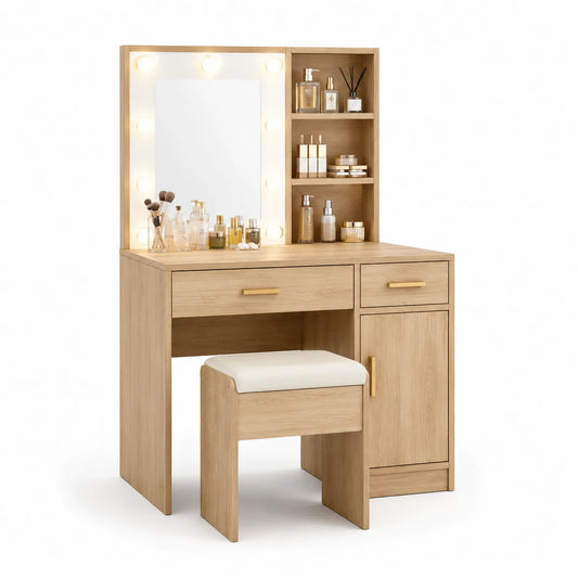 Coiffeuse en Bois avec Miroir Éclairé et Tabouret
