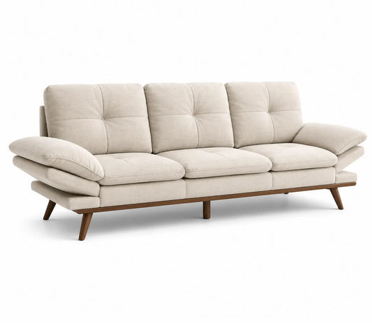 Canapé trois places en tissu beige avec pieds en bois