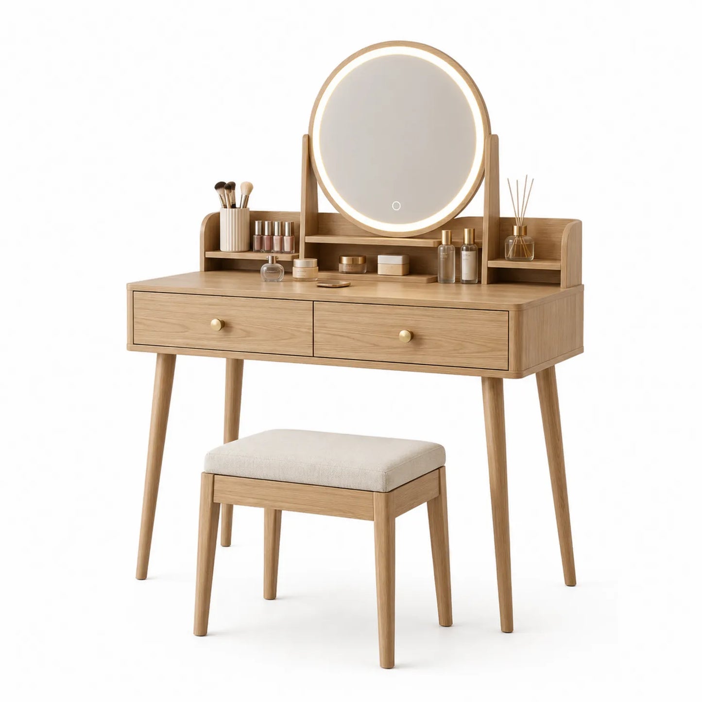 Coiffeuse en Bois avec Miroir LED et Tabouret
