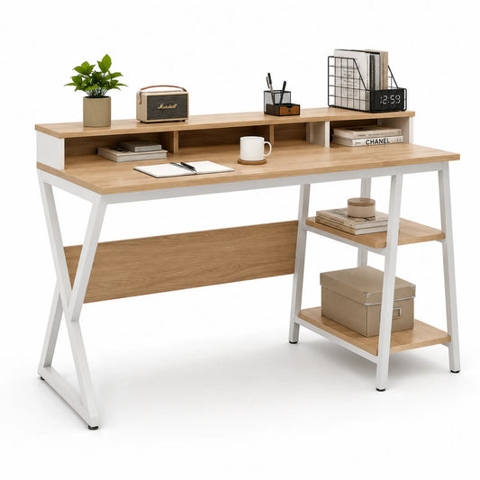 Bureau en Bois et Métal avec Étagères Latérales