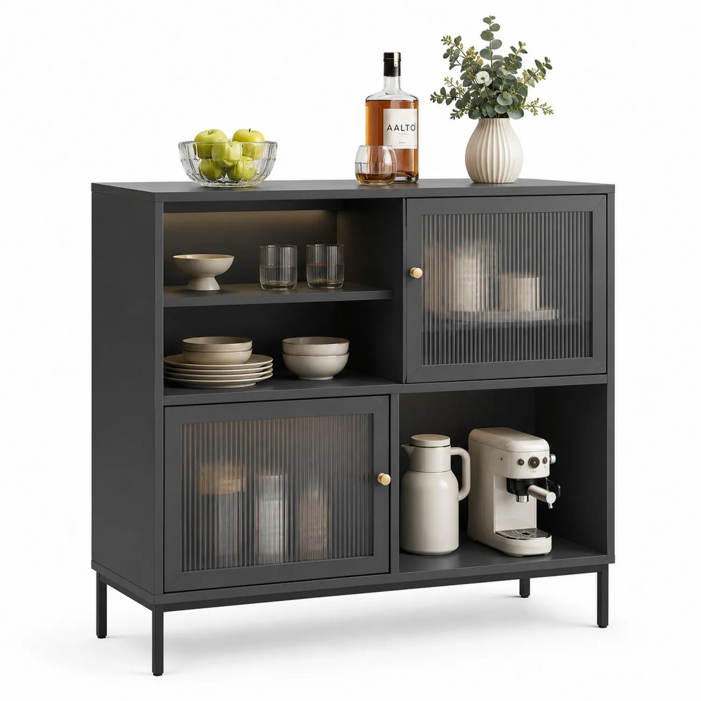 Buffet en métal noir avec portes en verre trempé rainuré