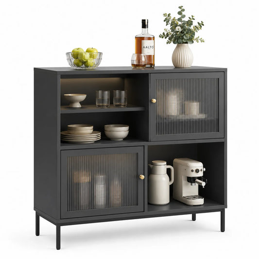Buffet en métal noir avec portes en verre trempé rainuré