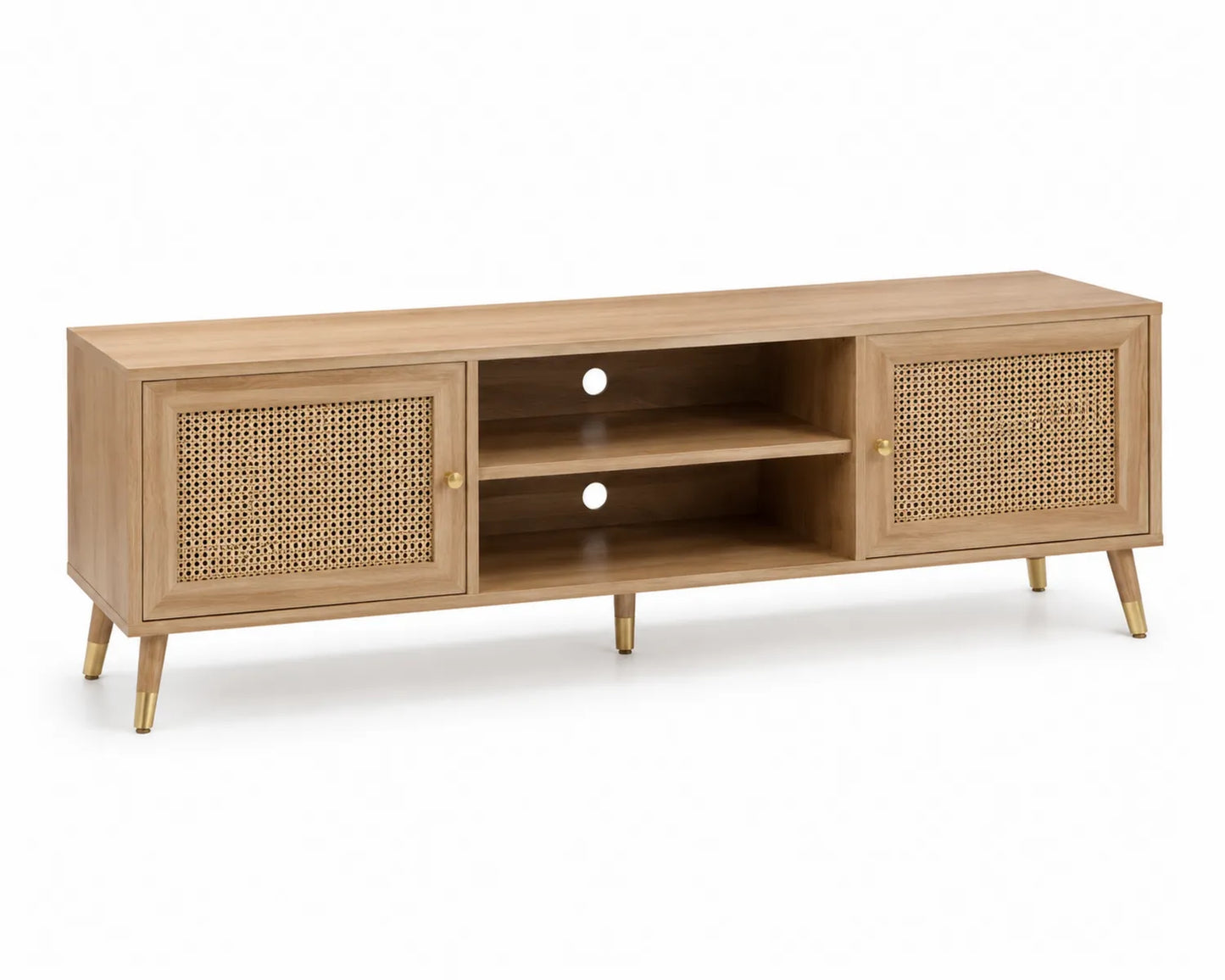 Meuble TV en bois avec portes en rotin et étagères 150x40x50 cm