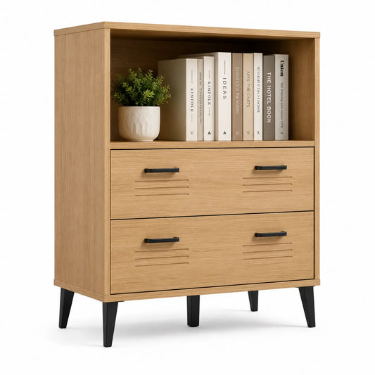 Bibliothèque en Bois avec Deux Tiroirs et Étagère en Chêne Clair