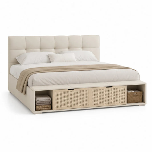 Lit double avec rangement en cuir synthétique beige 200x160 cm