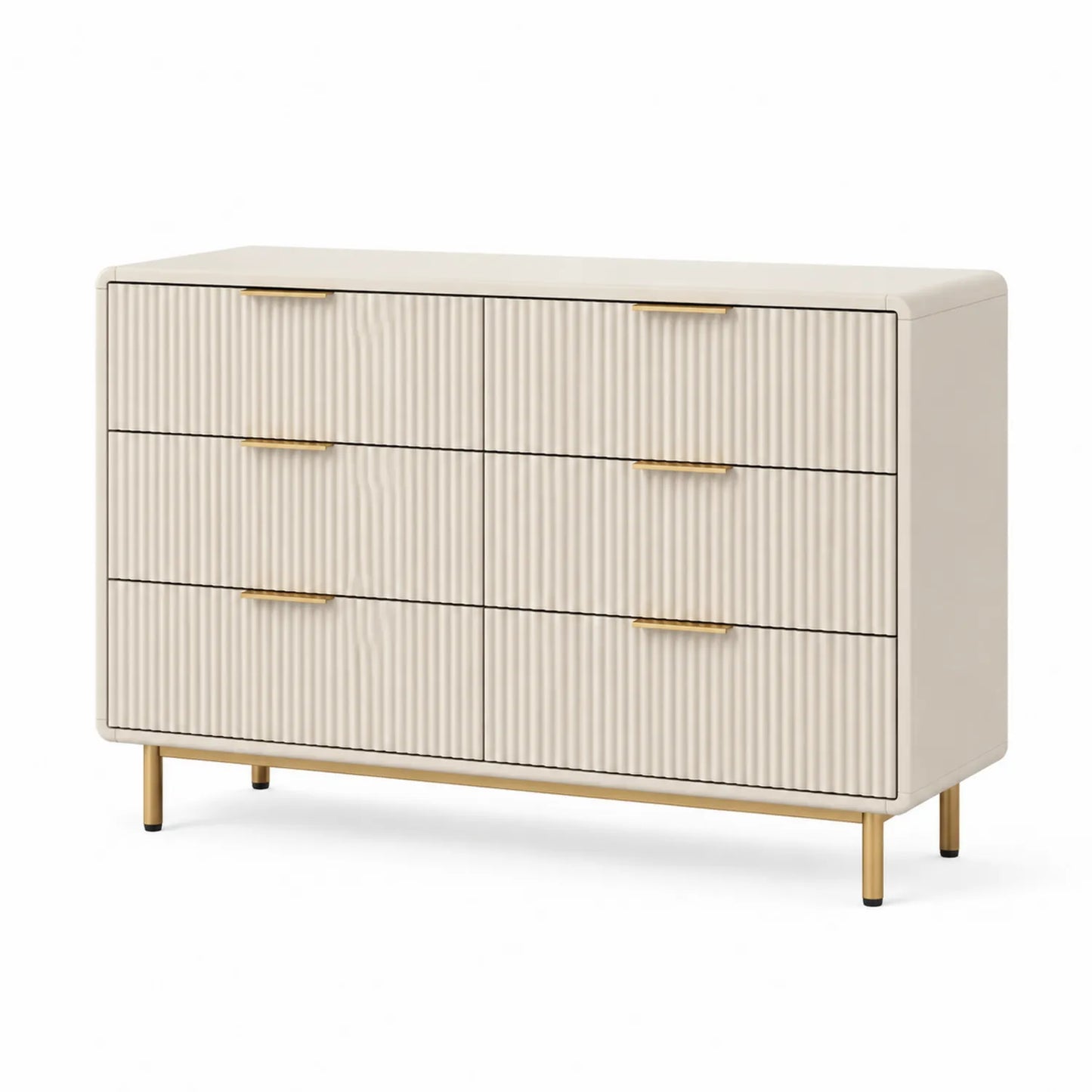 Commode en Bois Crème avec Finition Dorée et 6 Tiroirs