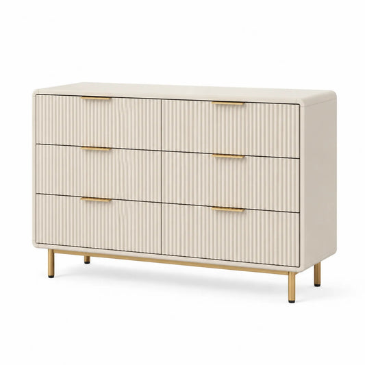 Commode en Bois Crème avec Finition Dorée et 6 Tiroirs