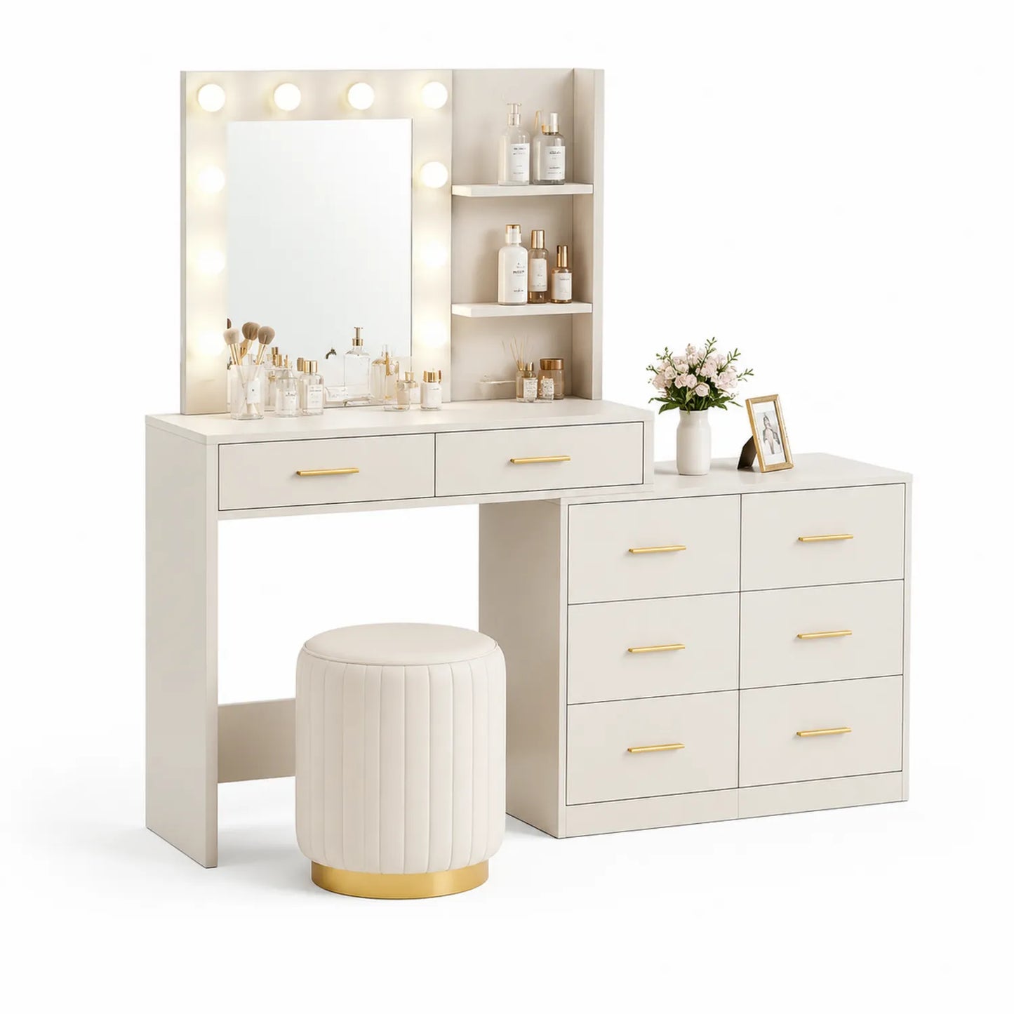 Coiffeuse en Bois avec Miroir LED et Tabouret Blanc
