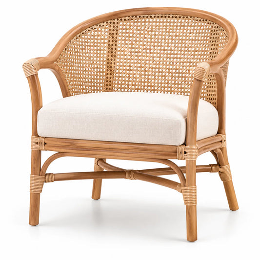 Fauteuil en rotin avec coussin en lin beige