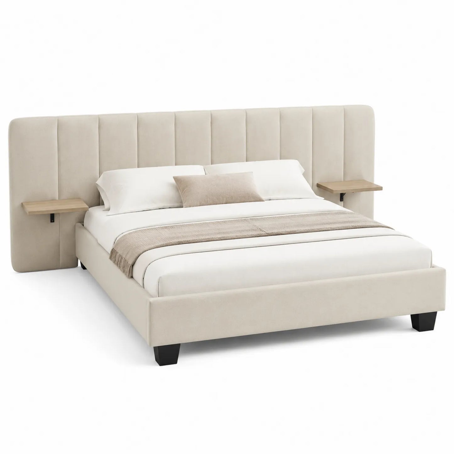 Lit double en tissu crème avec étagères intégrées