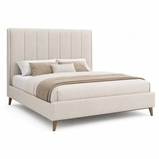 Lit double en tissu de velours beige avec tête de lit rembourrée 200x160 cm