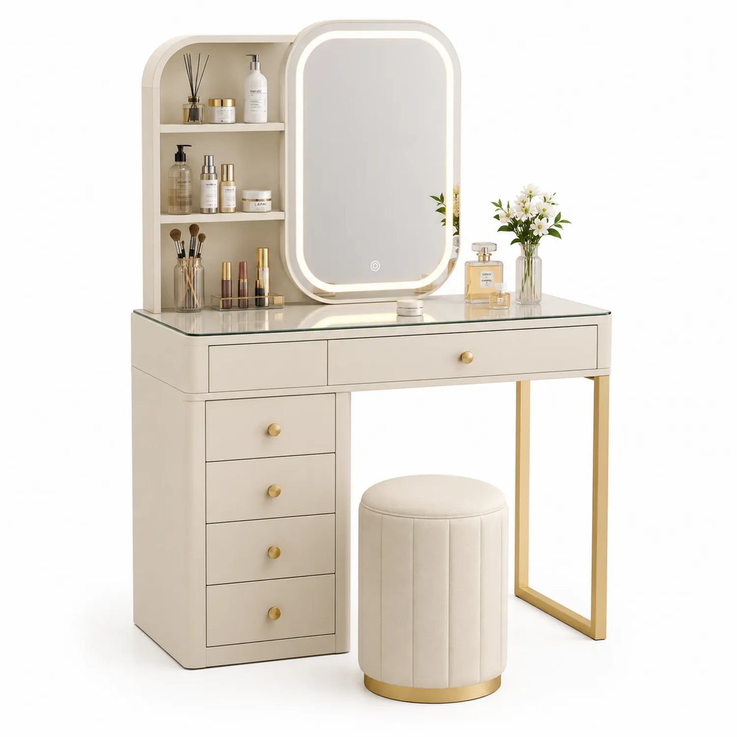 Coiffeuse en MDF avec miroir LED et tabouret en cuir synthétique