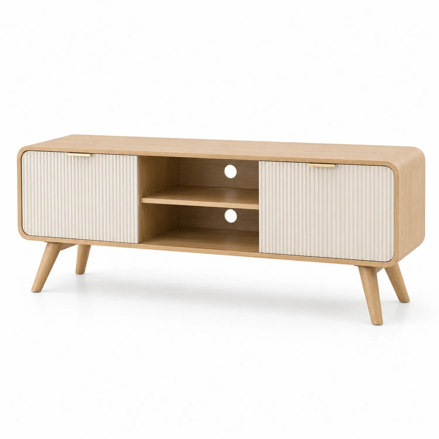 Meuble TV en bois avec portes rainurées, Chêne clair