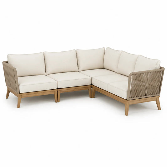 Canapé d'angle extérieur en bois avec coussins en tissu crème 5 places