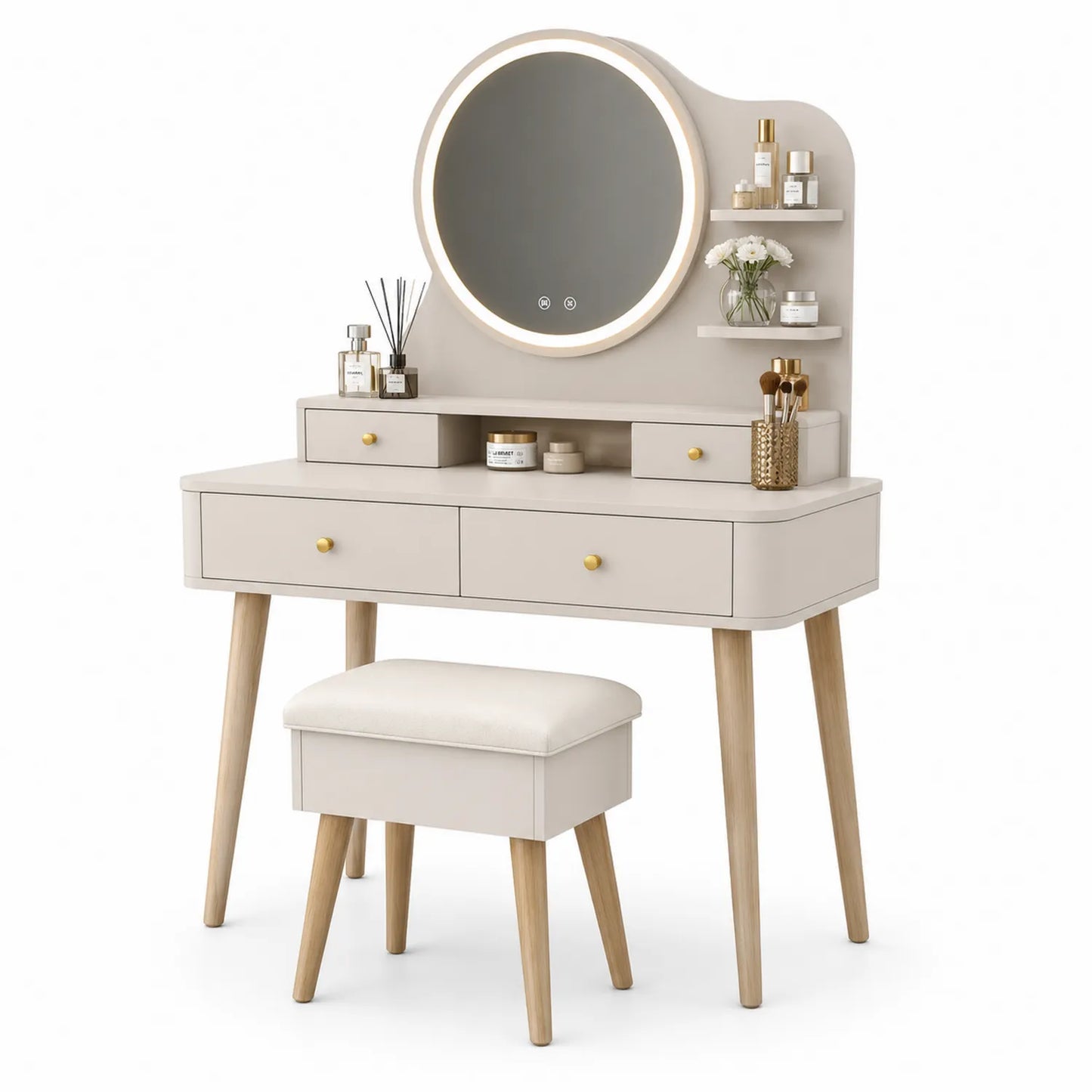 Coiffeuse en Bois avec Miroir LED et Tabouret Beige