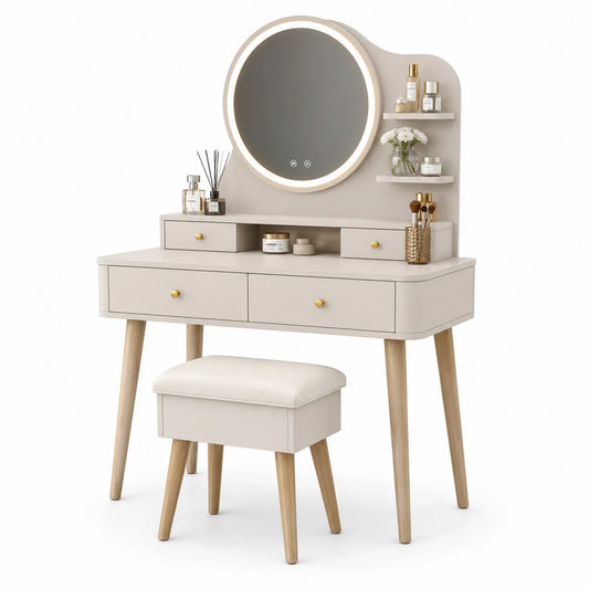 Coiffeuse en Bois avec Miroir LED et Tabouret Beige
