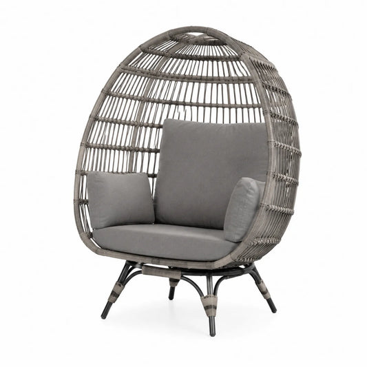 Fauteuil œuf en métal et rotin gris avec coussins en polyester