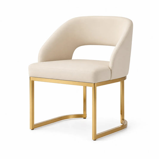 Chaise en similicuir beige avec cadre en acier doré