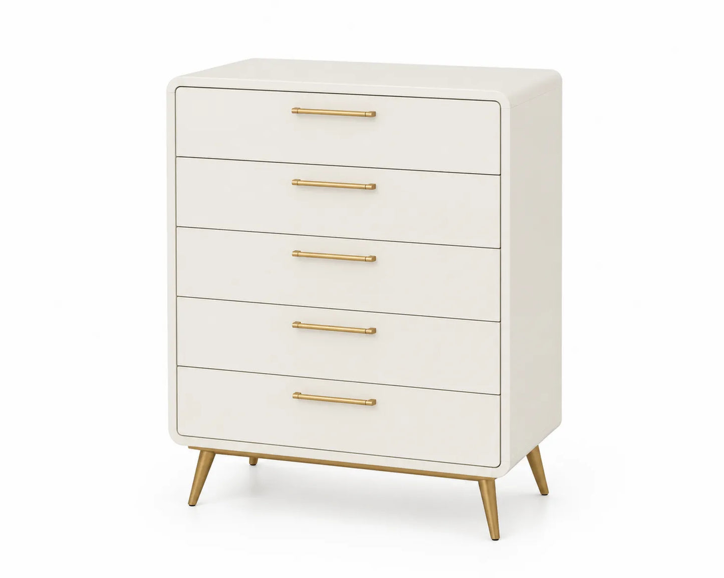 Commode en bois blanc à 5 tiroirs avec pieds en métal doré