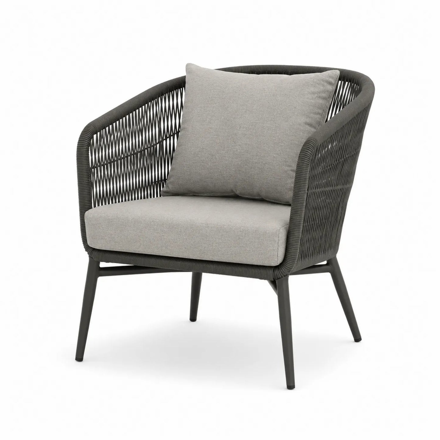 Fauteuil en corde polyester gris avec coussins