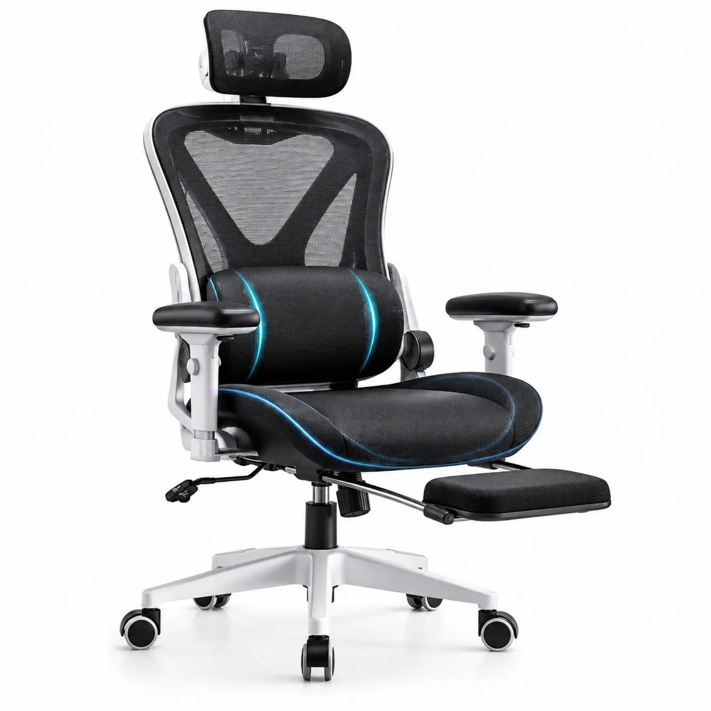 Chaise de bureau en maille avec repose-pieds, noir et argent